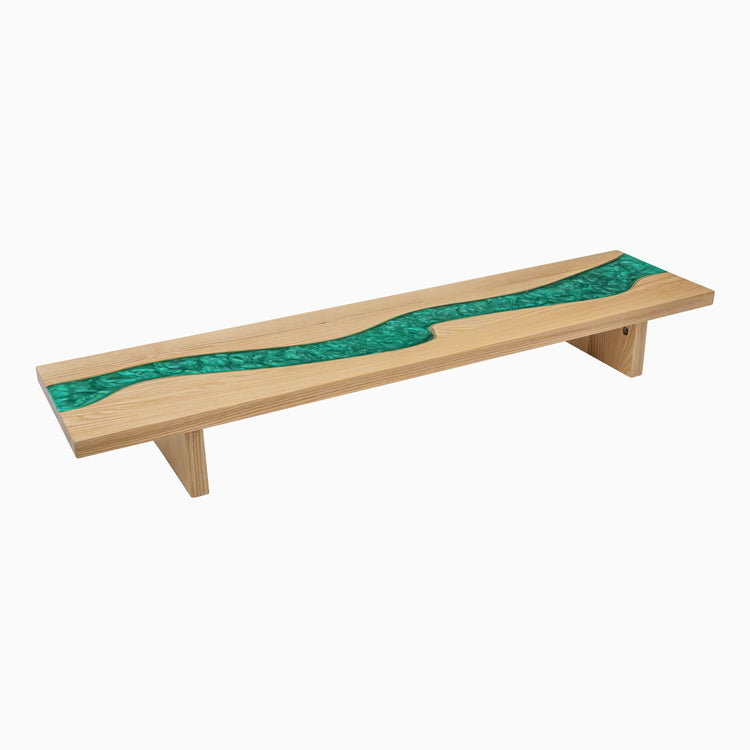 Desky Minimal Monitor Stand in White Ash with an Emerald River epoxy design.