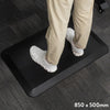 Black Desky anti-fatigue standing mat with a rugged surface and bevelled edge, shown with feet in white shoes.