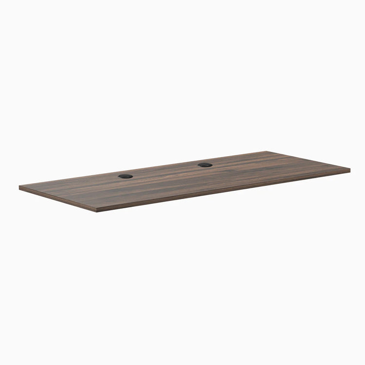 Jarrah Legno laminate desk top, 70.9" x 29.5", with two black grommets.