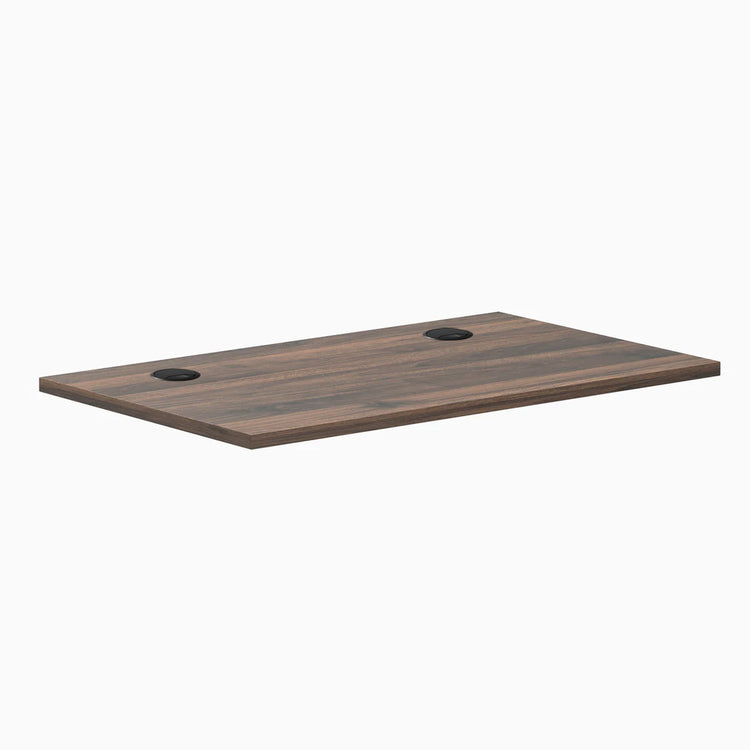 Desky Mini Laminate Desktop in Jarrah Legno, 40x24 inches, with two black grommets.