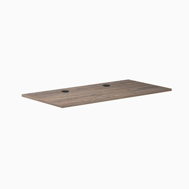 Natural Walnut laminate desk top, 59.1" x 29.5", with two black grommets for cable management.