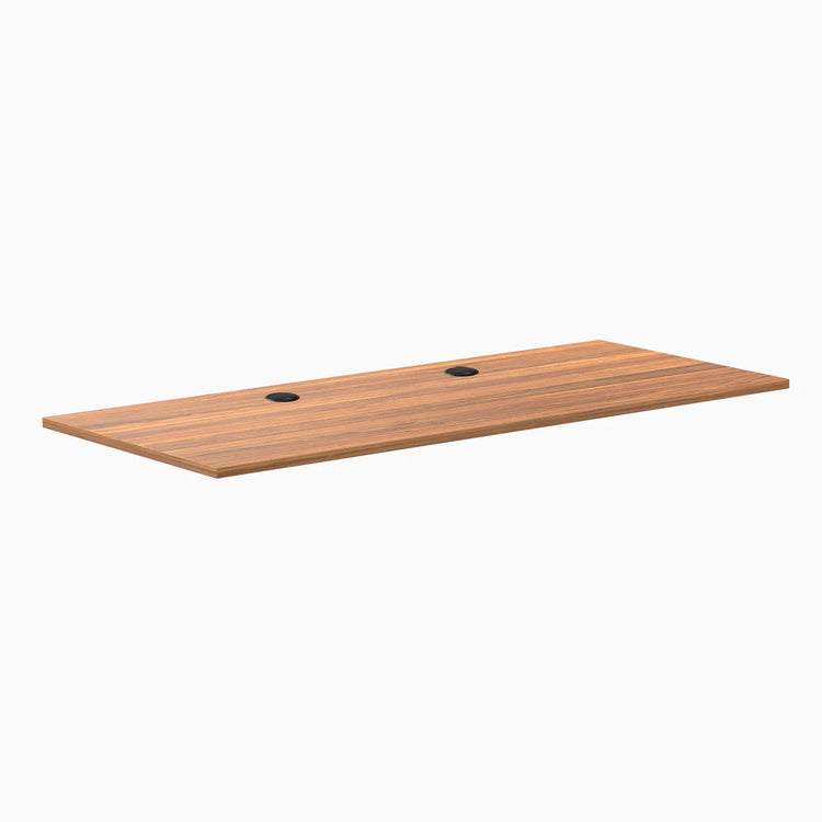Prime Oak laminate desk top, 70.9" x 29.5", with two black grommets.