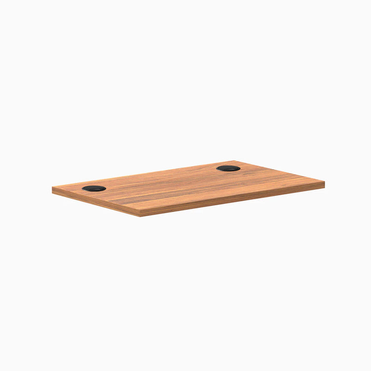 Prime Oak 32x20 inch melamine laminate desktop with two black grommets.