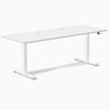 White Desky Dual Laminate Sit Stand Desk, 78.7 x 29.5 inches, with two grommets and control panel.