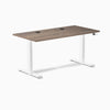 Desky Dual sit-stand desk with natural walnut laminate top, white frame, and two grommets.