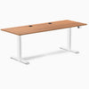 Desky Dual sit-stand desk with Prime Oak laminate top, white frame, and two grommets.