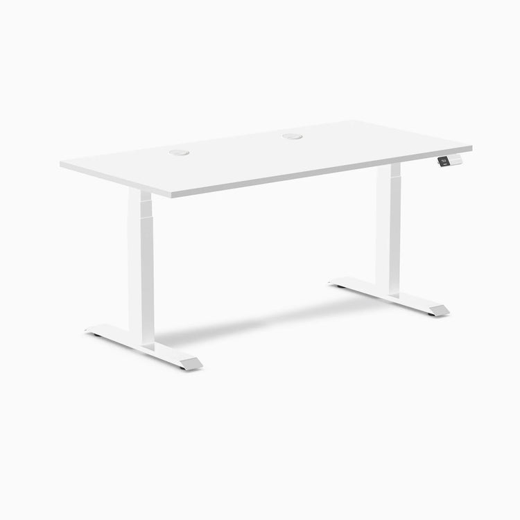 White Desky Dual Laminate Sit Stand Desk, 59.1 x 29.5 inches, with grommets and control panel.