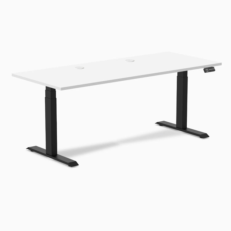 Desky Dual white laminate sit-stand desk with matte black frame, grommets, and control panel.