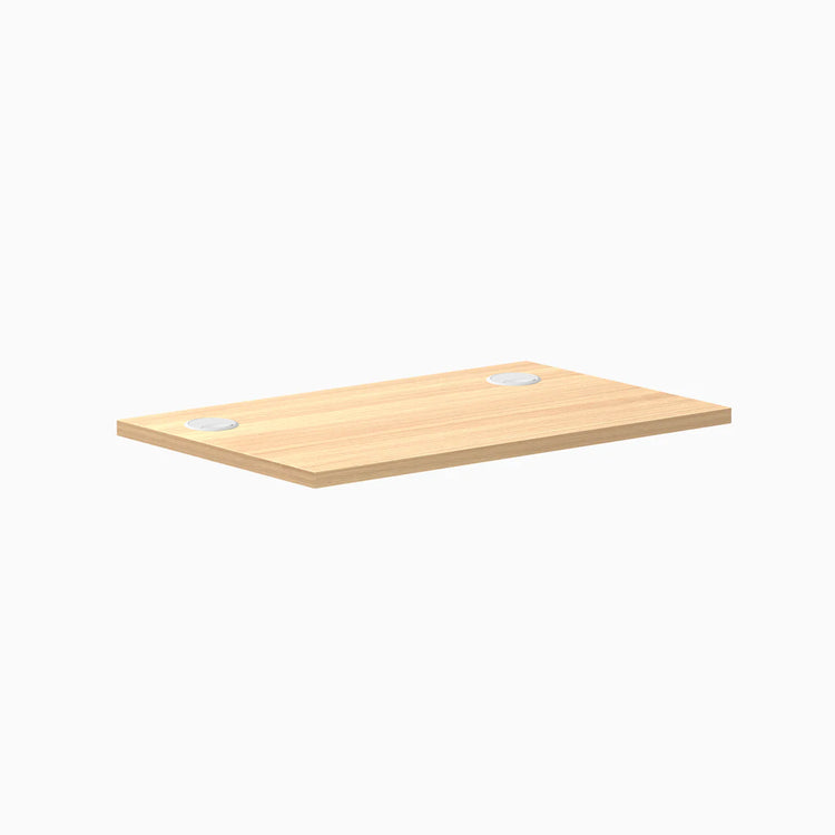 Desky Mini Laminate Desktop in Sublime Teak, 32x20 inches, with two silver grommets.