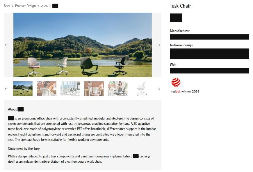 Red Dot Award 2026 winner record for the Task Chair category