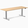 Desky Dual Custom Laminate Sit Stand Desk with light wood top and silver adjustable legs.