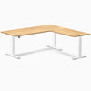 White Oak L-Shape Sit Stand Desk with white frame, 72x30x70x24 inches.