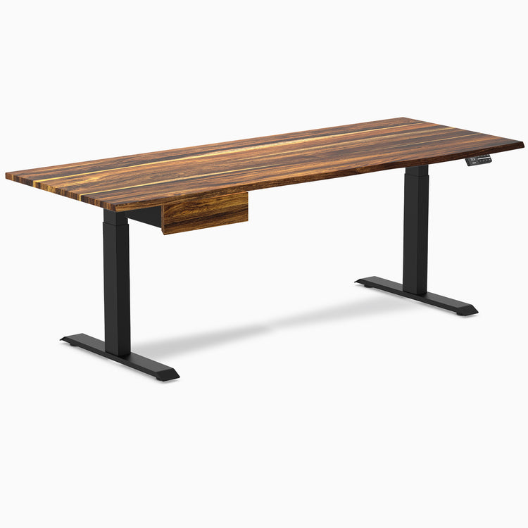 Desky Dual Hardwood Standing Desk with Pheasantwood top, matte black legs, and under-desk drawer.