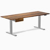 Desky Dual Pheasantwood hardwood standing desk, 80x30 inches, with gray legs and matching drawer.