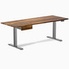 Desky Dual Pheasantwood Hardwood Standing Desk with Space Gray legs and matching drawer.