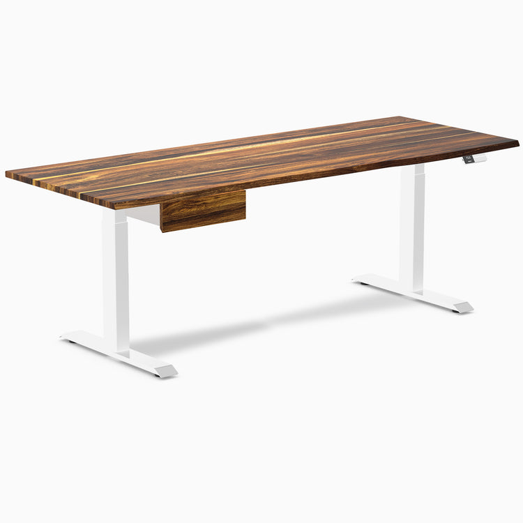 Desky Dual Pheasantwood Hardwood Standing Desk, 80x30 inches, with white legs and matching drawer.