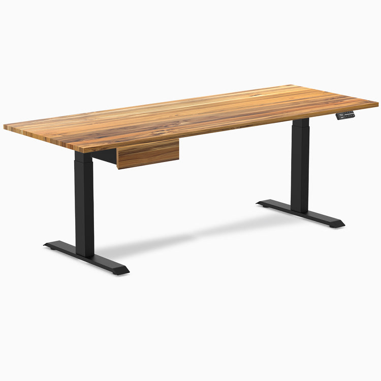 Teak hardwood standing desk, 80x30 inches, with matte black legs and integrated drawer.