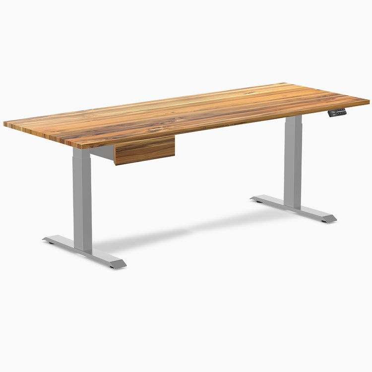 Teak hardwood standing desk, 80x30 inches, with gray legs and matching under-desk drawer.