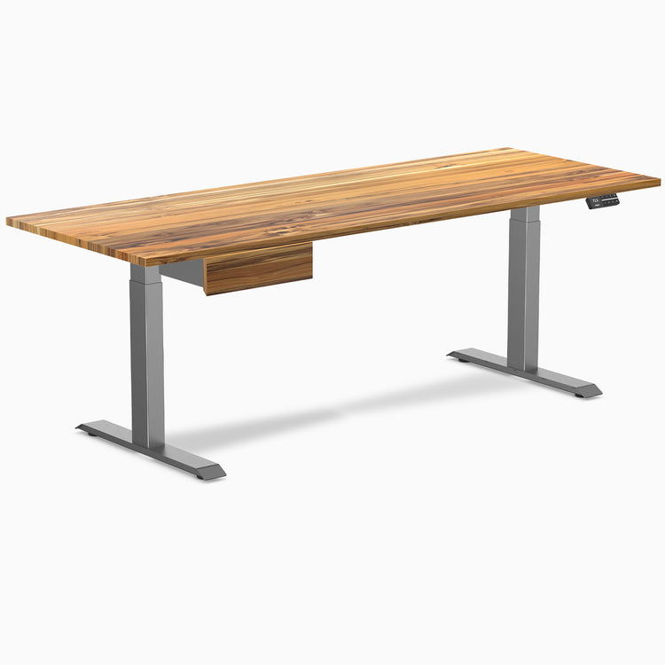 Teak hardwood standing desk, 80x30 inches, with space gray legs and an under-desk drawer.
