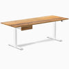 Desky Dual Teak Hardwood Standing Desk, 80x30 inches, with white legs and matching drawer.