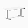 Desky Dual white laminate sit-stand desk with silver frame and digital control panel.