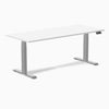 Desky Dual white laminate sit-stand desk with silver frame and digital control panel.