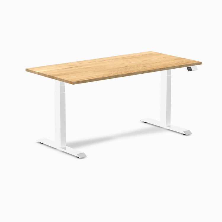Desky Dual 60x30 inch White Oak hardwood sit-stand desk with white legs and control panel.