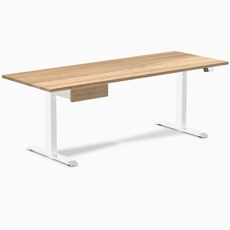 Desky Dual White Oak hardwood standing desk, 80x30 inches, with white legs and matching drawer.