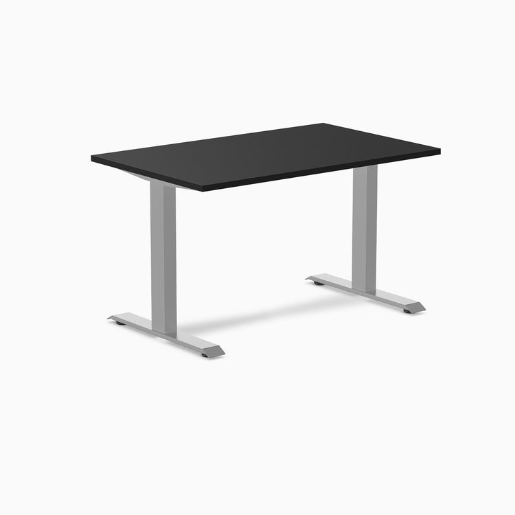 Desky Zero fixed height office desk with a black laminate top and silver steel frame.