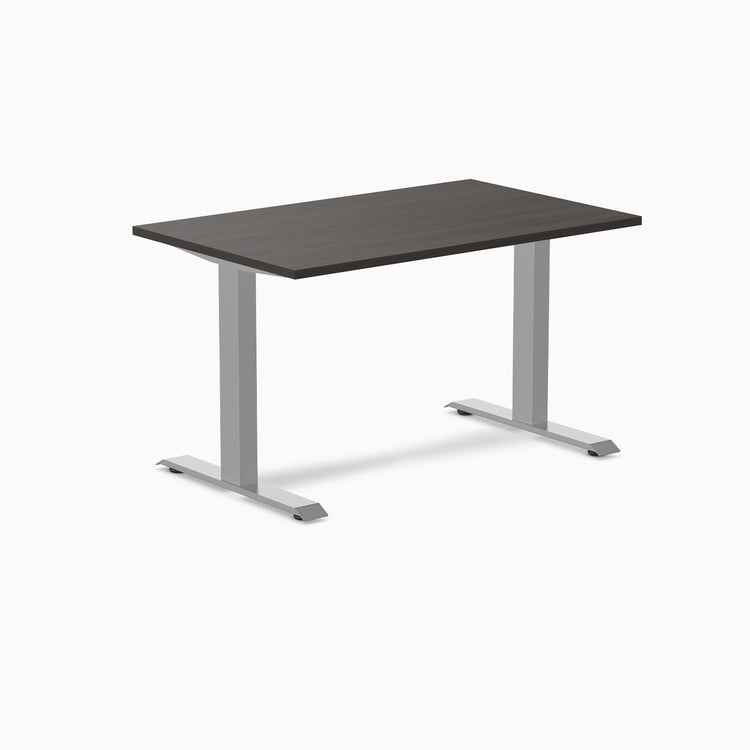 Desky Zero laminate office desk with a dark brown top and silver steel frame.
