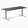 Desky Zero fixed-height office desk with dark laminate top and silver steel frame.