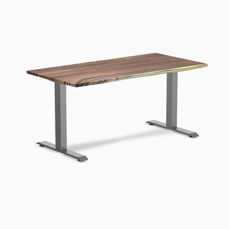 Desky Zero hardwood office desk with a rich wood top and gray steel frame.