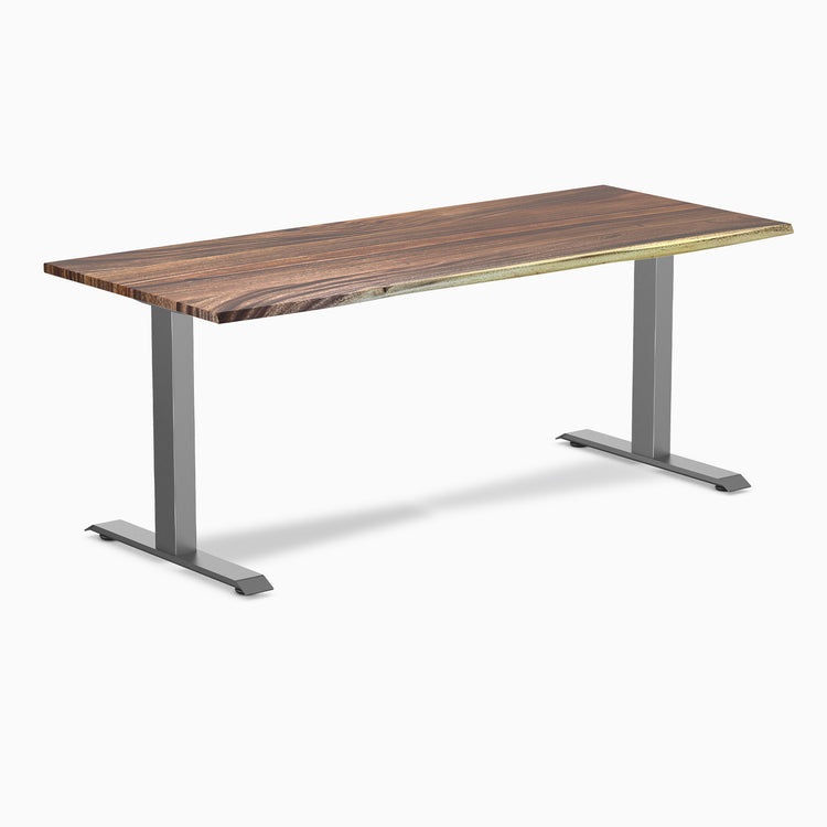 Desky Zero office desk with a rich Pheasantwood hardwood top and gray steel frame.
