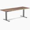 Desky Zero Hardwood Office Desk with a rich wood desktop and gray steel frame.