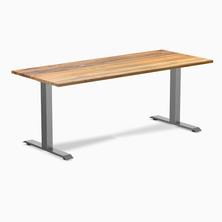 Desky Zero Hardwood Office Desk with Teak desktop and Space Gray steel frame.
