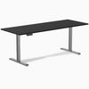 Desky Single Sit Stand Desk with a black rectangular desktop and silver height-adjustable frame.