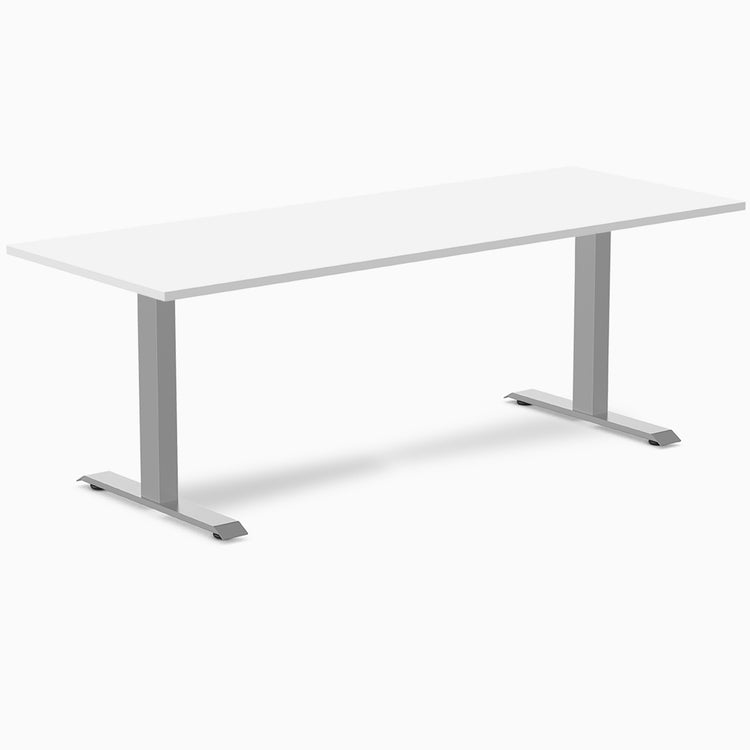 White Desky Zero laminate office desk with a sleek rectangular top and silver steel T-frame legs.