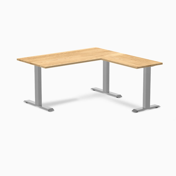 Desky Zero L-Shape Office Desk with White Oak desktop and gray steel frame.