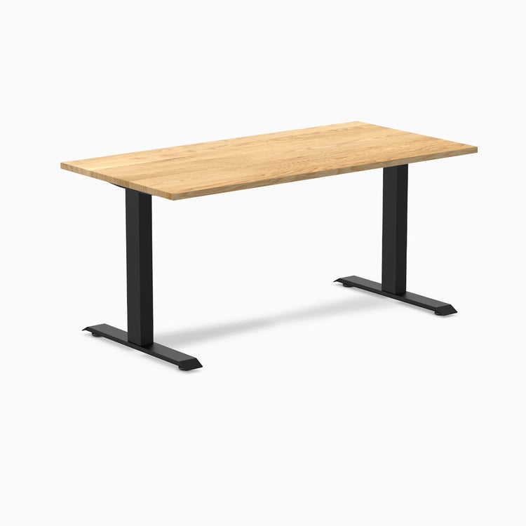 Desky Zero fixed-height office desk with White Oak hardwood top and matte black steel frame.