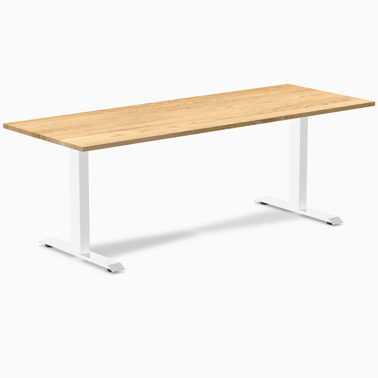 Desky Zero fixed height office desk with a White Oak hardwood top and white steel frame.